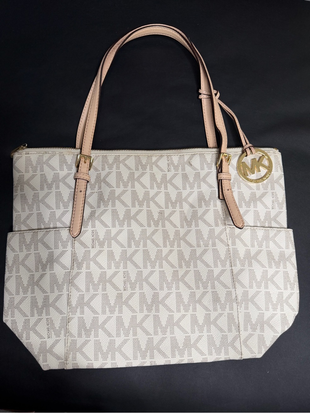 Michael Kors MK Signature Logo Tote Bag Vanilla Beige Gold Hardware